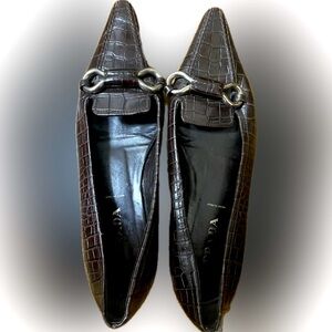 PRADA LEATHER BROWN CROCODILE ALLIGATOR POINTY TOE FLATS
